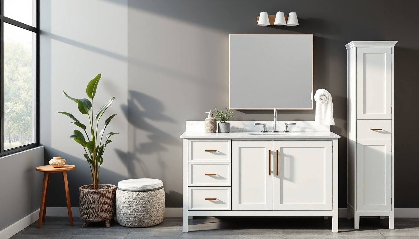 bathroom vanity with linen tower combo
